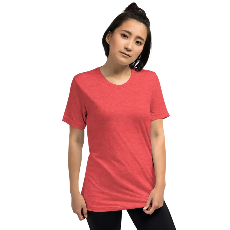 Rotes Damen T-Shirt mit Kaffee Spruch Grafik, unisex Tri-Blend Material, bequemes Basic Shirt in XS bis 4XL, von BUYATHOME24.