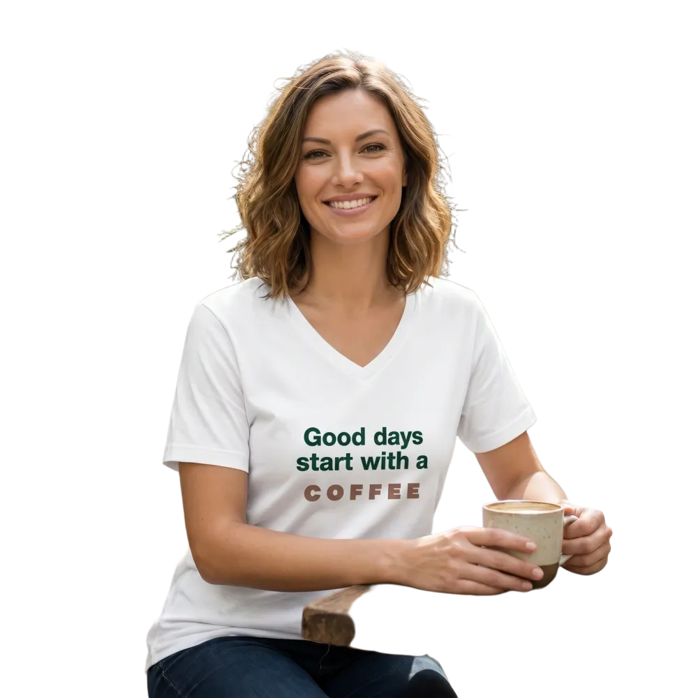 Unisex Kaffee Spruch Grafik T-Shirt mit V-Ausschnitt in Größe S-2XL, schwarzes Baumwollshirt mit Kaffee-Design, von BUYATHOME24