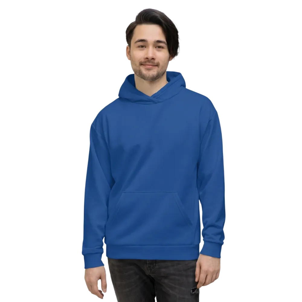 Blaue Unisex Hoodie mit Allover-Print, bequemer Kapuzenpullover in XS bis 3XL, von BUYATHOME24, detailliertes Muster sichtbar