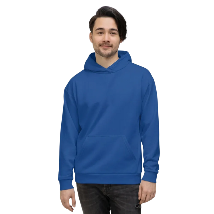 Blaue Unisex Hoodie mit Allover-Print, bequemer Kapuzenpullover in XS bis 3XL, von BUYATHOME24, detailliertes Muster sichtbar