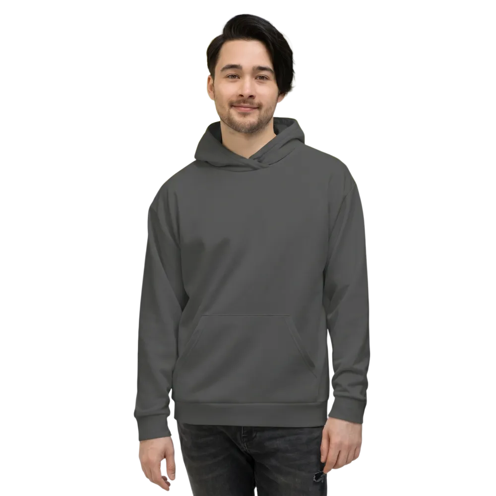 Dunkelgrauer Unisex Hoodie mit Allover-Print, Kapuzenpullover aus Baumwolle, Größen XS bis 3XL, von BUYATHOME24