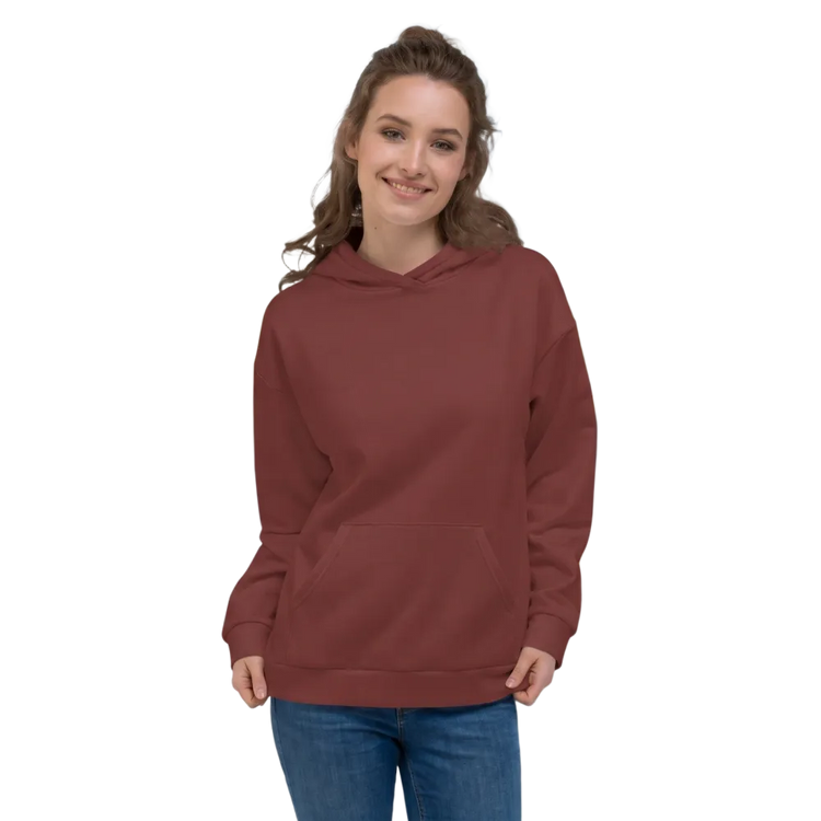 Dunkelroter Unisex Hoodie mit Allover-Print, Kurzarm, bequemes Kapuzenpullover in XS bis 3XL, modischer Allover-Look.