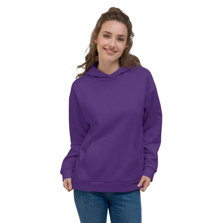 Dunkelvioletter Unisex Hoodie mit Allover-Print von BUYATHOME24, bequem, modisch, in XS bis 3XL erhältlich, auf dem Bild sichtbar.