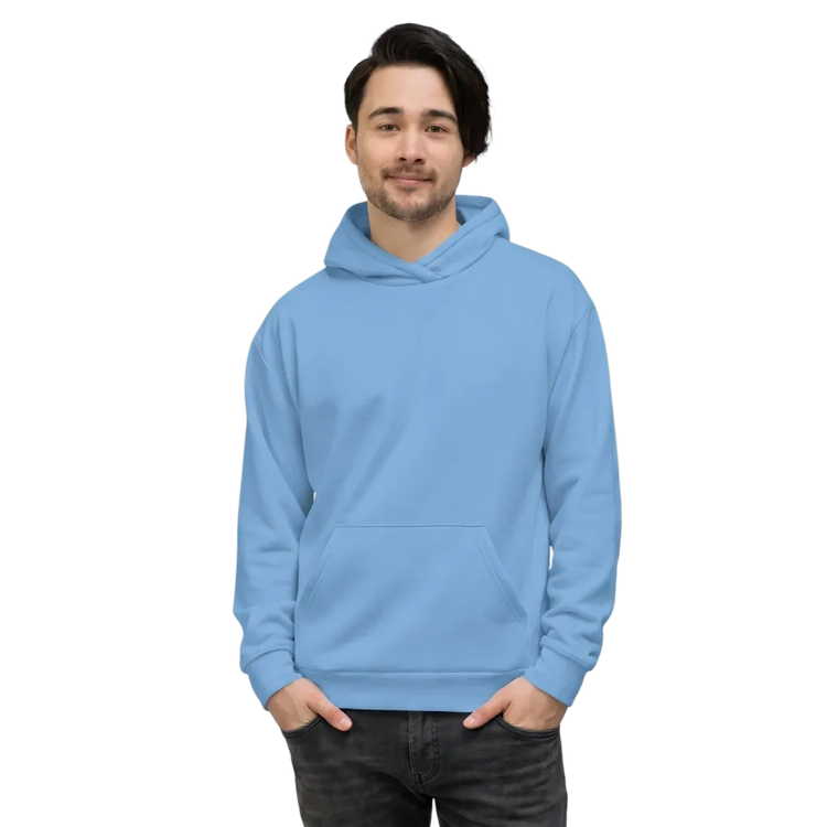 Hellblauer Unisex Hoodie mit Allover-Print, Größe XS-3XL, mit Kapuzen, von BUYATHOME24.