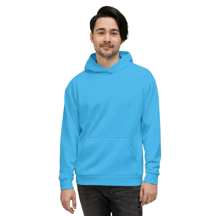 Hellblauer Unisex Hoodie mit Allover-Print von BUYATHOME24, weiches Kapuzenpullover in XS bis 3XL, modischer Allover-Design.