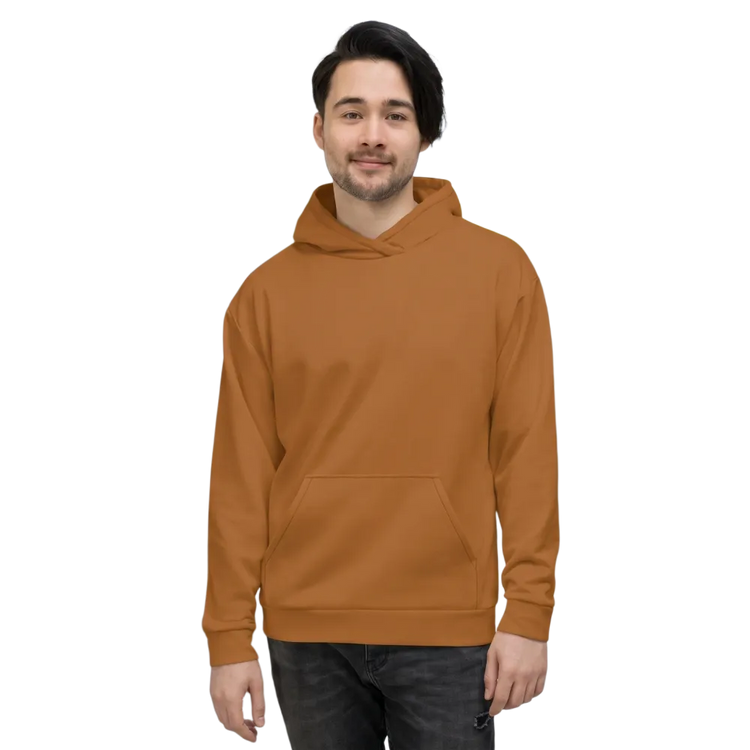 Hellbrauner Unisex Hoodie mit Allover-Print, Kapuzenpullover, bequemes Design, in XS bis 3XL, modisch und lässig.