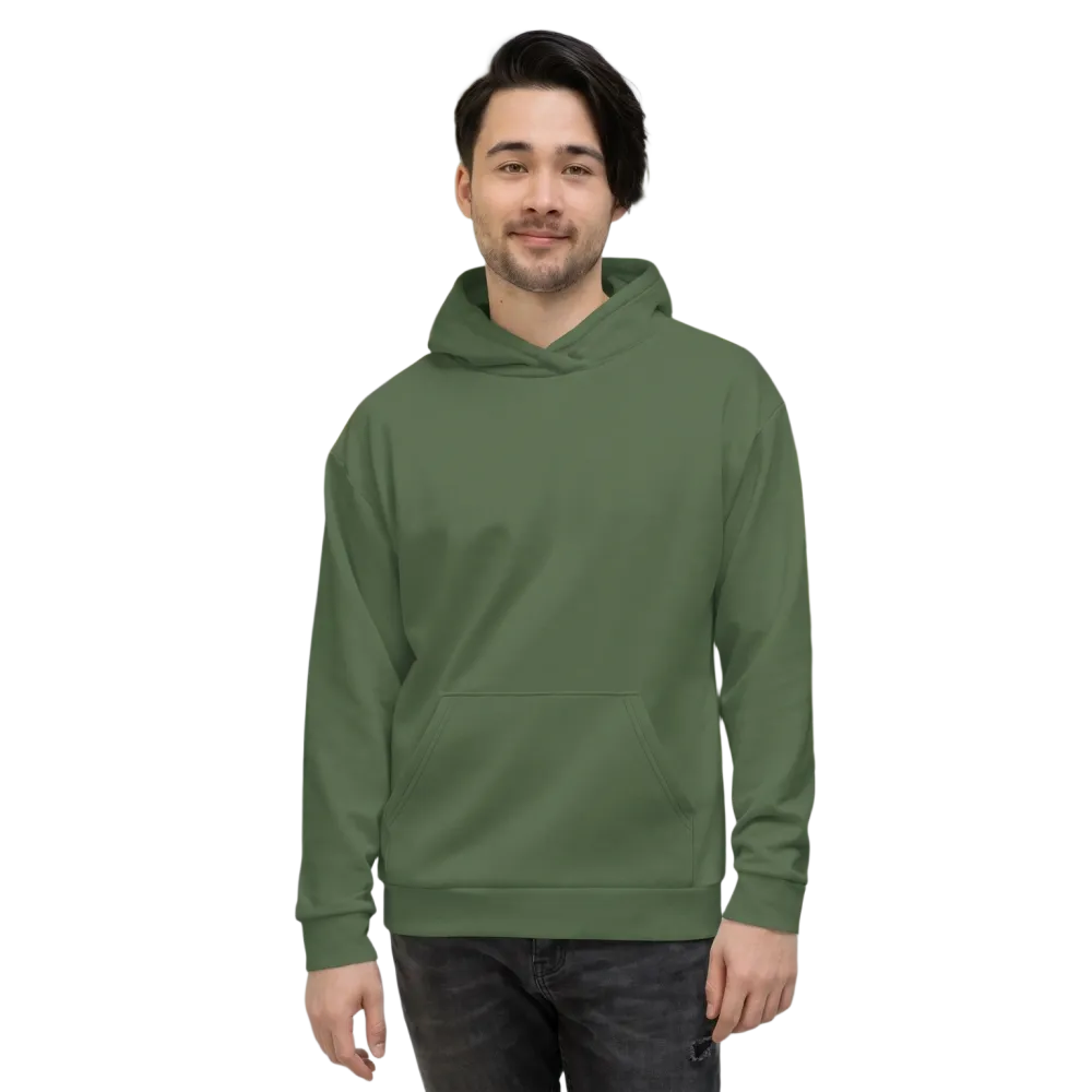 Olivengrüner Unisex Hoodie mit Allover-Print, langärmlig, in XS bis 3XL, bequemer Kapuzenpullover von BUYATHOME24