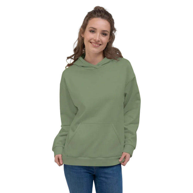 Olivengrüner Unisex Hoodie mit Allover-Print, bequemer Kapuzenpullover in XS bis 3XL, von BUYATHOME24.