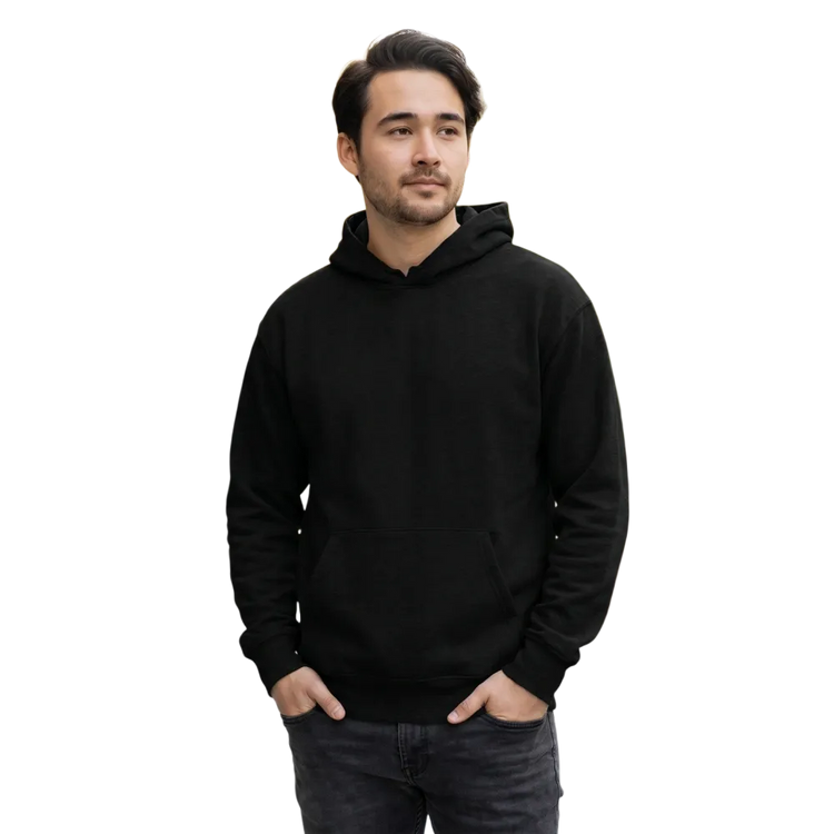 Schwarzer Unisex Hoodie mit Allover-Print von BUYATHOME24, bequemes Kapuzenpullover in XS bis 3XL, mit buntem Muster.