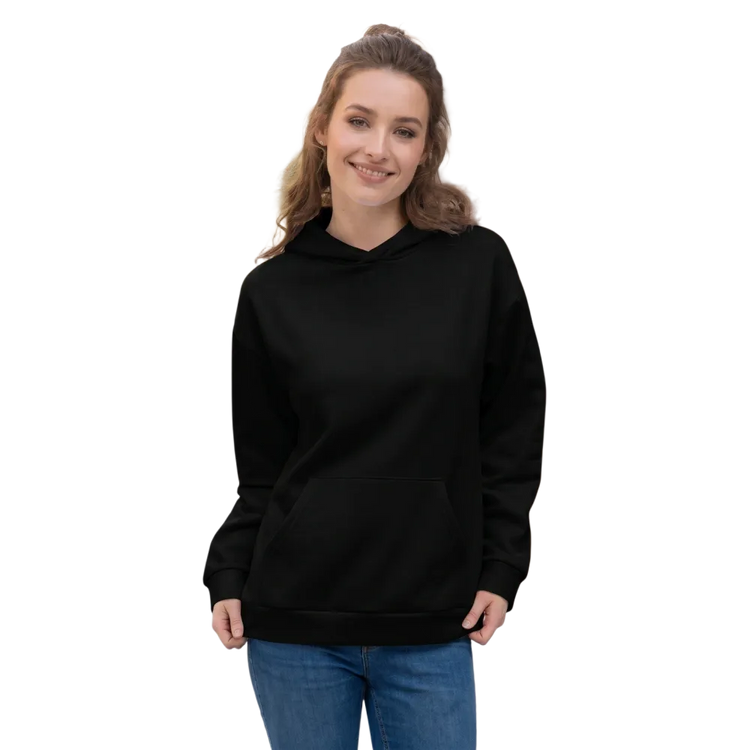 Schwarzer Unisex-Hoodie mit Allover-Print, langärmlig und bequem, in XS bis 3XL Größe, modisches Kapuzenpullover von BUYATHOME24