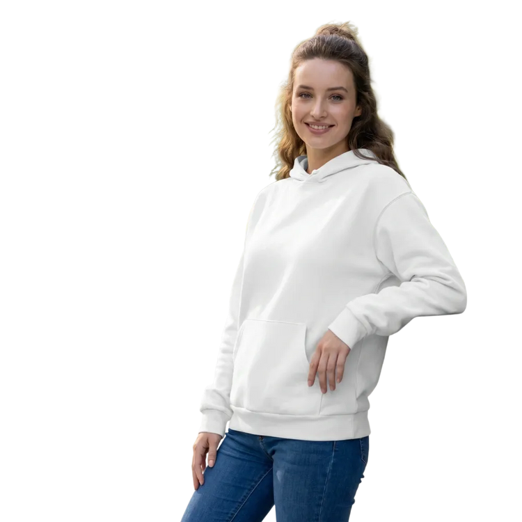Weißer Unisex Hoodie mit Allover-Print, Kapuzenpullover in XS bis 3XL, bequem und modisch, von BUYATHOME24