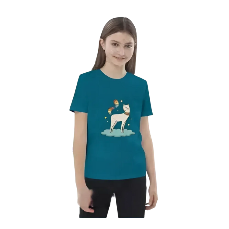 Gemaltes Katzen-Tierdruck Rundhalsshirt für Kinder, Kurzarm, unisex, personalisierbar, für Mädchen im Alter von 3-14 Jahren