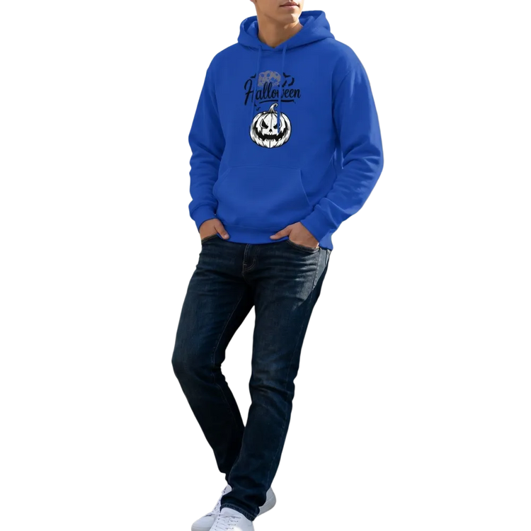 Unisex Kinder Hoodie mit Halloween-Grafik in Blau und Weiß aus Baumwolle, erhältlich in XS bis XL von BUYATHOME24.