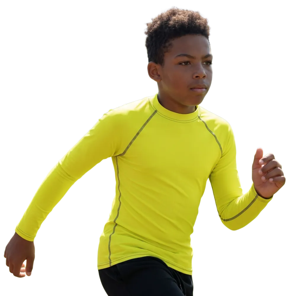 Kinder-Langarm-Sportshirt von BUYATHOME24 mit UV-Schutz 50+ für Kinder zwischen 134 und 170 cm, atmungsaktiv und bequem.