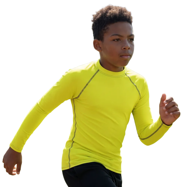 Kinder-Langarm-Sportshirt von BUYATHOME24 mit UV-Schutz 50+ für Kinder zwischen 134 und 170 cm, atmungsaktiv und bequem.