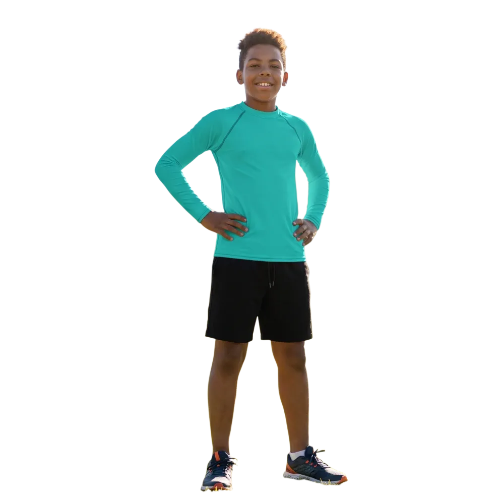 Kinder Langarm Sportshirt von BUYATHOME24 mit UV-Schutz 50+ für Kinder zwischen 134 und 170 cm, in leuchtenden Farben.