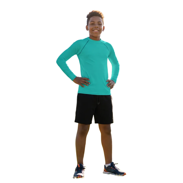 Kinder Langarm Sportshirt von BUYATHOME24 mit UV-Schutz 50+ für Kinder zwischen 134 und 170 cm, in leuchtenden Farben.