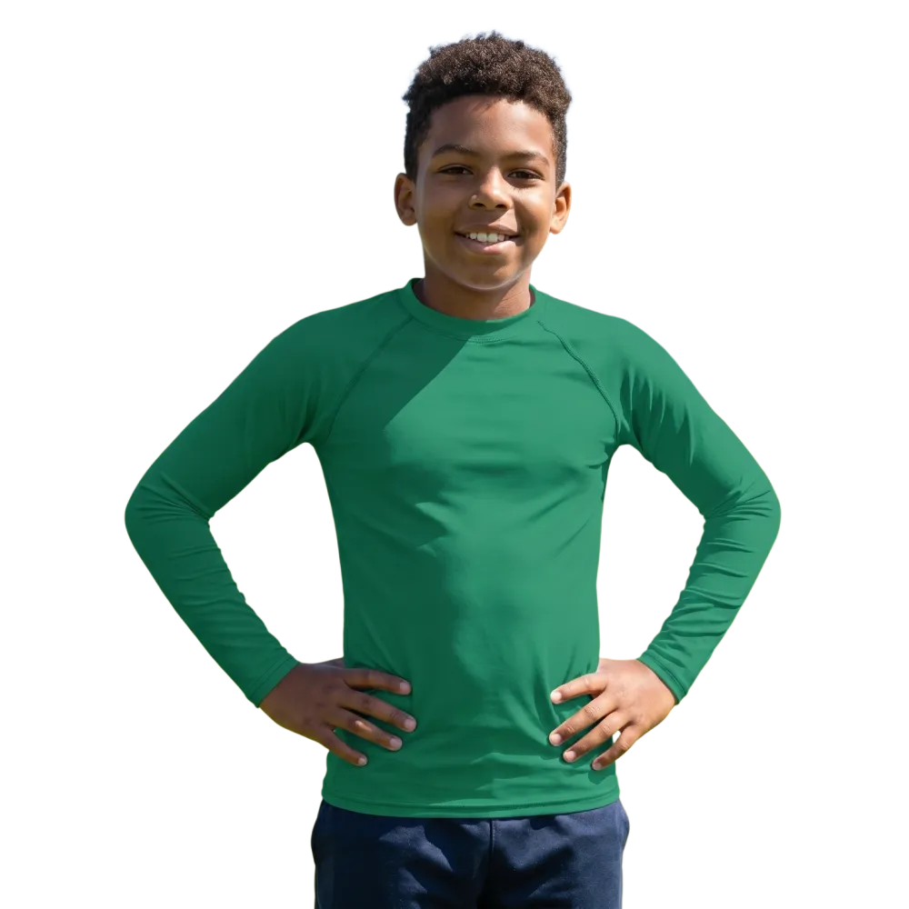 Kinder Langarm-Sportshirt mit UV-Schutz 50+ in Blau, für Kinder von 134 bis 170 cm, leichtes Material, sportliche Passform.