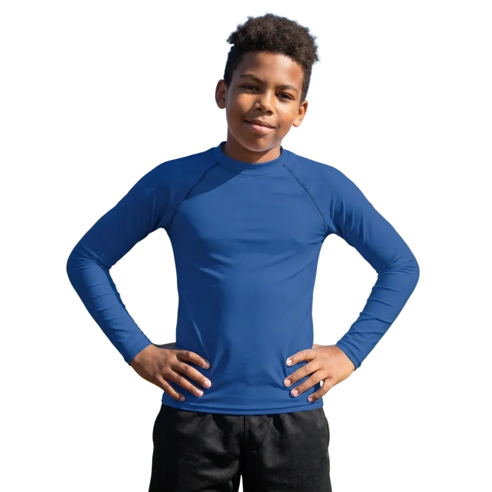 Kinder-Langarm-Sportshirt von BUYATHOME24 mit UV-Schutz 50+ und Stretch, in Größe 134-170 cm, zeigt das sportliche Design und Material.