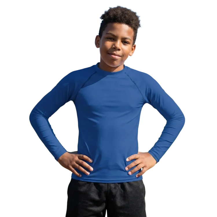 Kinder-Langarm-Sportshirt von BUYATHOME24 mit UV-Schutz 50+ und Stretch, in Größe 134-170 cm, zeigt das sportliche Design und Material.