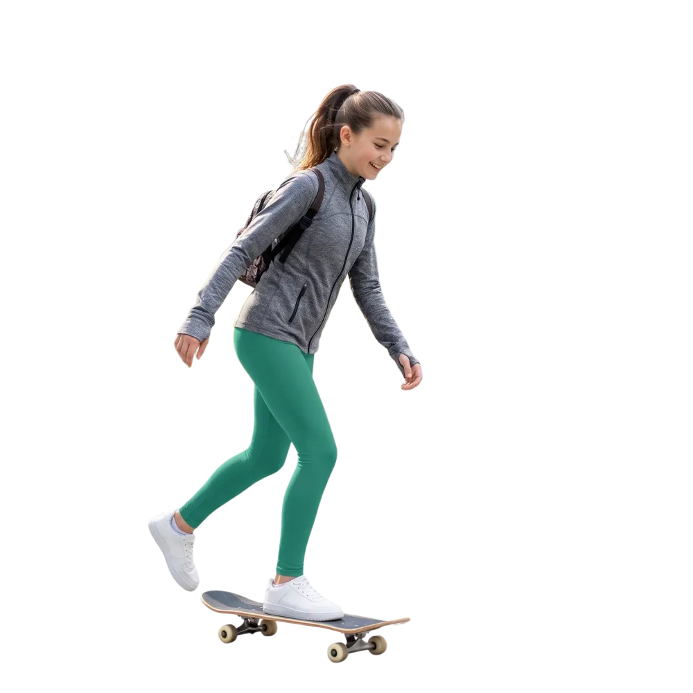 Damen Kinder Sport-Leggings mit UV-Schutz und Vier-Wege-Stretch in Größe 134-170 cm, blaue, bequeme Sporthose.