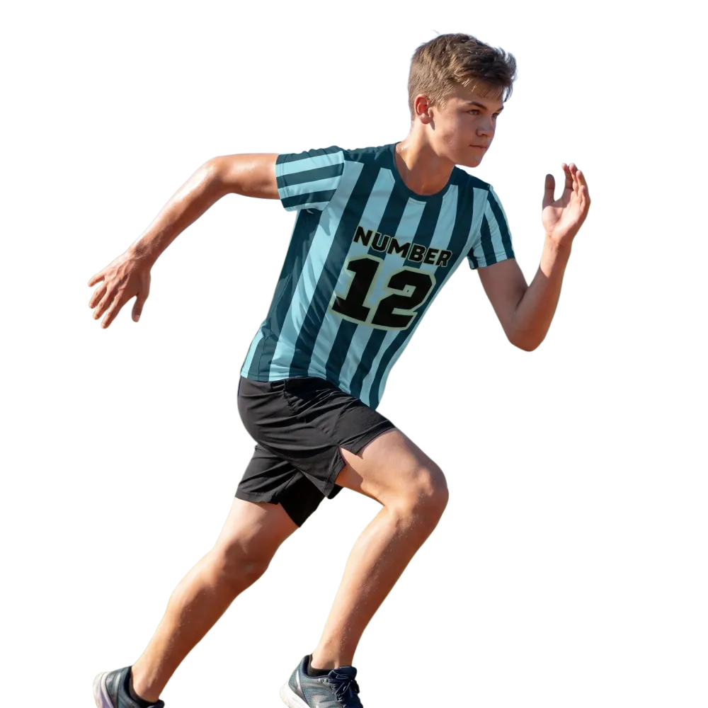 Kinder Sportshirt Blau Gestreift, Unisex Fußball T-Shirt in den Größen 134-170 cm, mit sportlichem Design.
