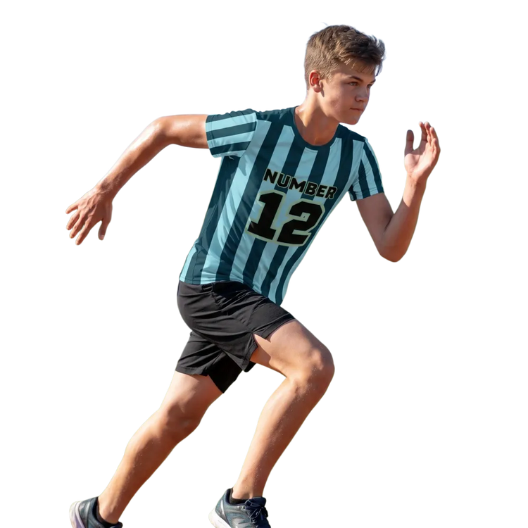 Kinder Sportshirt Blau Gestreift, Unisex Fußball T-Shirt in den Größen 134-170 cm, mit sportlichem Design.