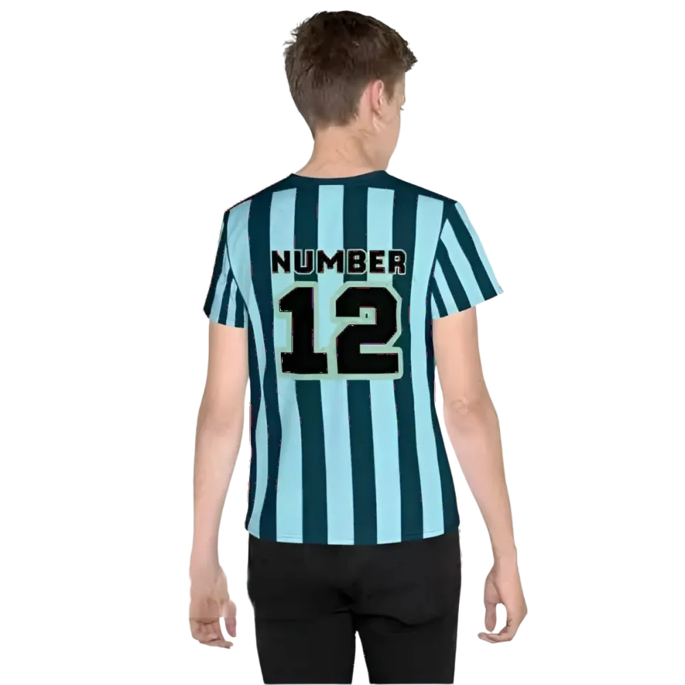 Unisex Kinder Fußball T-Shirt in Blau mit Streifen, Größe 134-170 cm, von BUYATHOME24, ideal für Jungen beim Sport