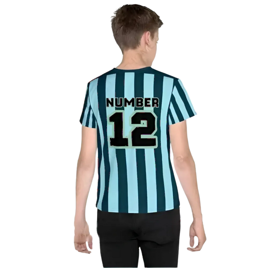 Unisex Kinder Fußball T-Shirt in Blau mit Streifen, Größe 134-170 cm, von BUYATHOME24, ideal für Jungen beim Sport