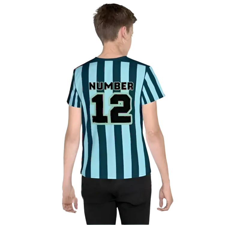 Unisex Kinder Fußball T-Shirt in Blau mit Streifen, Größe 134-170 cm, von BUYATHOME24, ideal für Jungen beim Sport