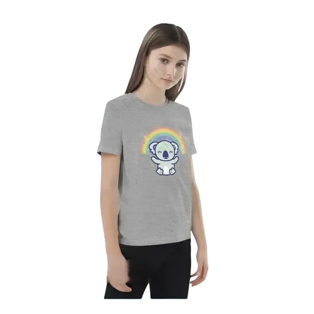 Mädchen trägt ein graues Kurzarm-T-Shirt für Kinder mit einem Koala-Grafikdruck, Unisex-Design, für 3-14 Jahre.