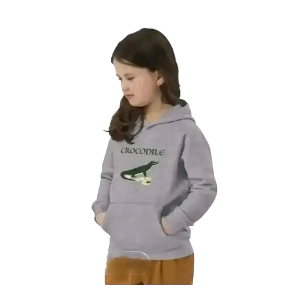 Unisex Kinder Hoodie mit Krokodil-Motiv aus Baumwolle, grauer Baumwoll-Kapuzenpullover für Mädchen und Jungen, 4-12 Jahre