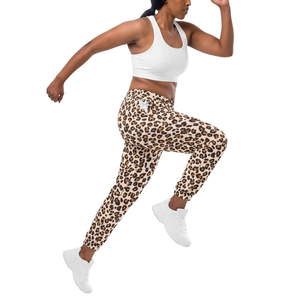 Leopardenmuster Unisex Trainingshose aus Polyester mit Reißverschlusstaschen, in XS bis 3XL, bequem und stylisch.