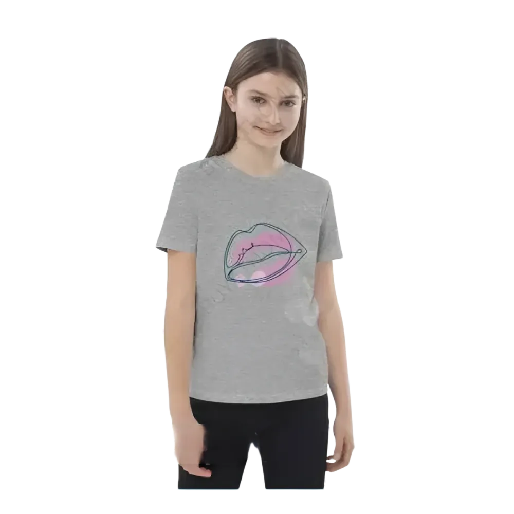 Mädchen T-Shirt in Grau mit Lippen Design, Kurzarm, unisex, bedruckbar, für Kinder 3-14 Jahre, von BUYATHOME24