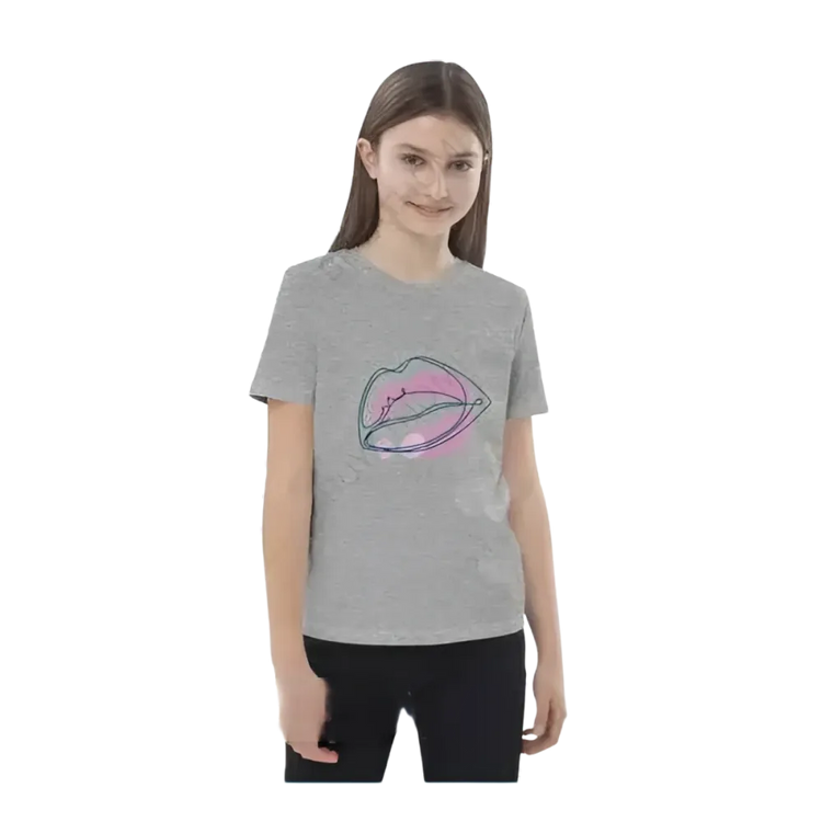 Mädchen T-Shirt in Grau mit Lippen Design, Kurzarm, unisex, bedruckbar, für Kinder 3-14 Jahre, von BUYATHOME24