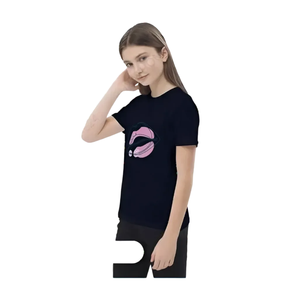 Unisex Kurzarm T-Shirt für Kinder von 3-14 Jahren mit Lippen-Design und Grafik, bedruckbar, in verschiedenen Farben.
