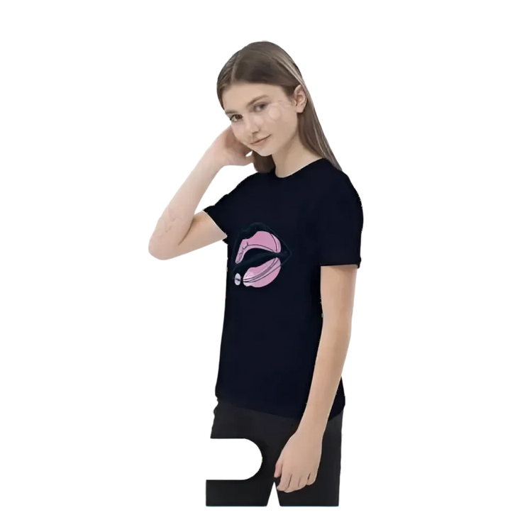 Unisex Kurzarm T-Shirt für Kinder von 3-14 Jahren mit Lippen-Design und Grafik, bedruckbar, in verschiedenen Farben.