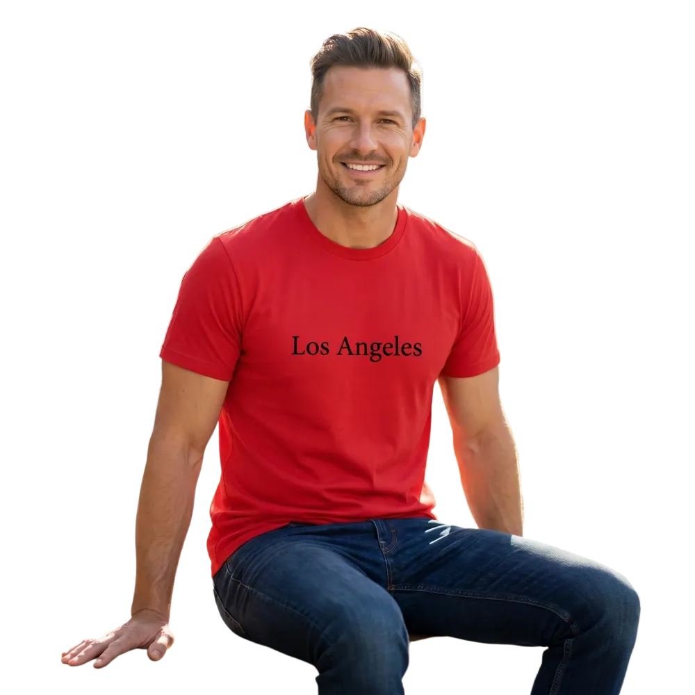 Graues Unisex Rundhalsshirt von BUYATHOME24 mit Los Angeles Grafik aus Baumwolle, in S-5XL bedruckbar
