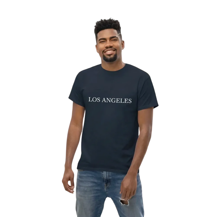 Graues unisex T-Shirt mit Los Angeles Grafik, Kurzarm, aus Baumwolle, von BUYATHOME24, in den Größen S bis 5XL.