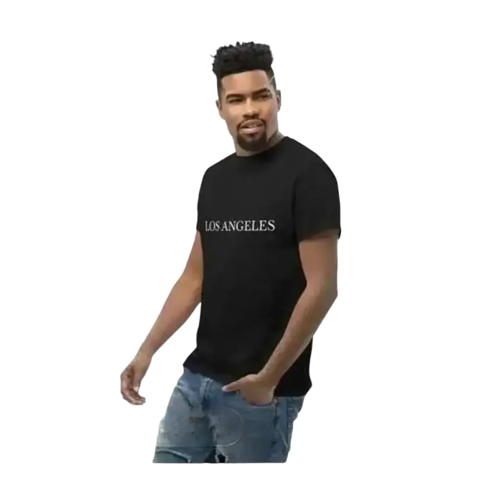 Graues unisex Baumwoll-T-Shirt mit LA Grafik, kurzarm, in den Größen S bis 5XL, von BUYATHOME24, frontale Ansicht