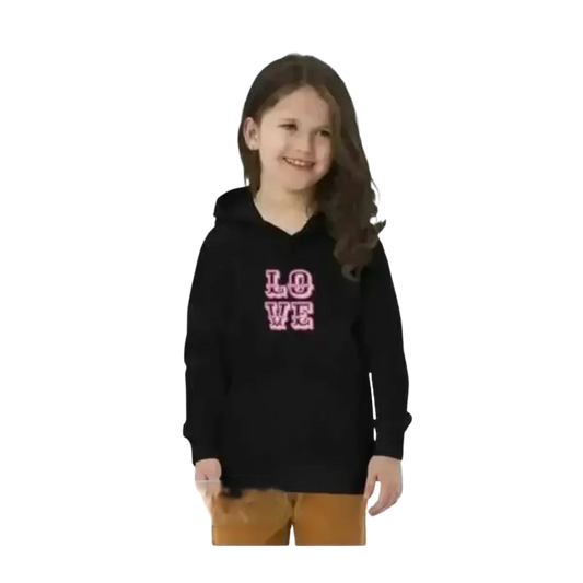 Schwarzer Love Grafik Kapuzenpullover für Mädchen von 4 bis 12 Jahre, aus Baumwolle, bequem und modisch.