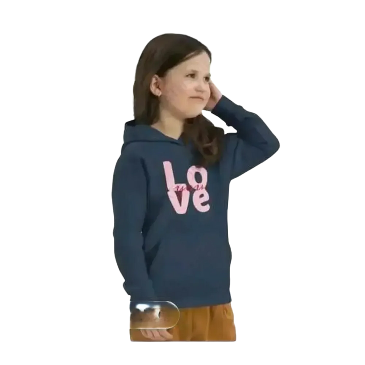 Hellblauer Mädchen Kapuzenpullover aus Baumwolle für Kinder von 4-12 Jahre, unisex und personalisierbar, mit grafischem Design.