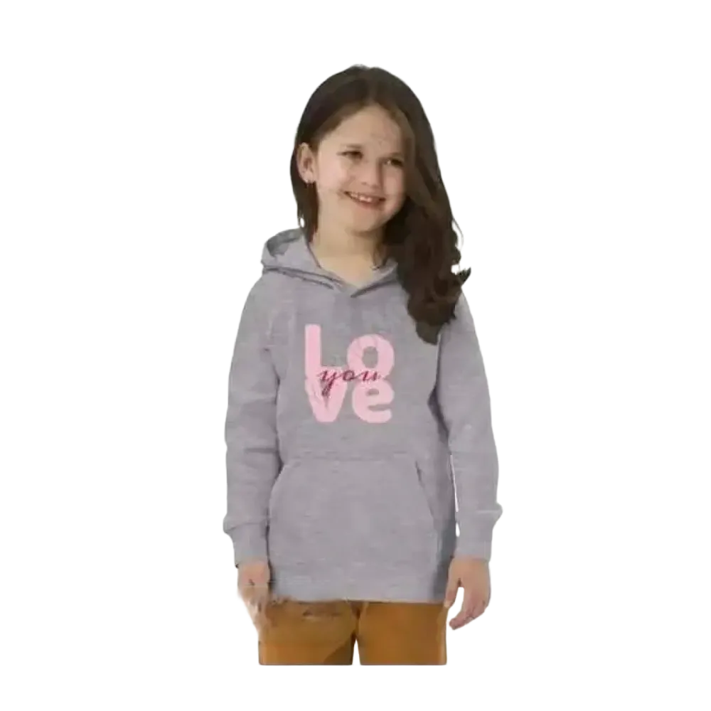 Grauer unisex Kapuzenpullover für Kinder von 4 bis 12 Jahre, personalisierbar, aus Baumwolle, mit Grafikdesign.