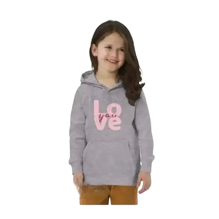 Grauer unisex Kapuzenpullover für Kinder von 4 bis 12 Jahre, personalisierbar, aus Baumwolle, mit Grafikdesign.