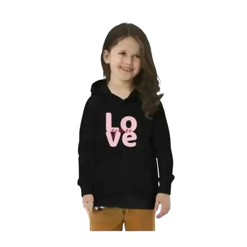Schwarzer unisex Love Kapuzenpullover für Kinder von 4-12 Jahre, personalisierbar, aus Baumwolle, mit grafischem Design.