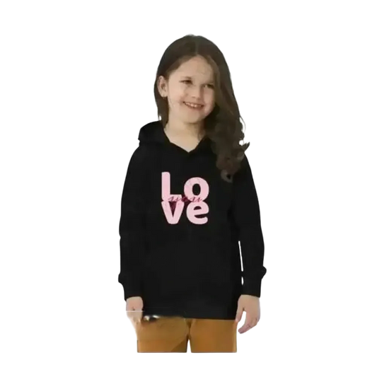 Schwarzer unisex Love Kapuzenpullover für Kinder von 4-12 Jahre, personalisierbar, aus Baumwolle, mit grafischem Design.