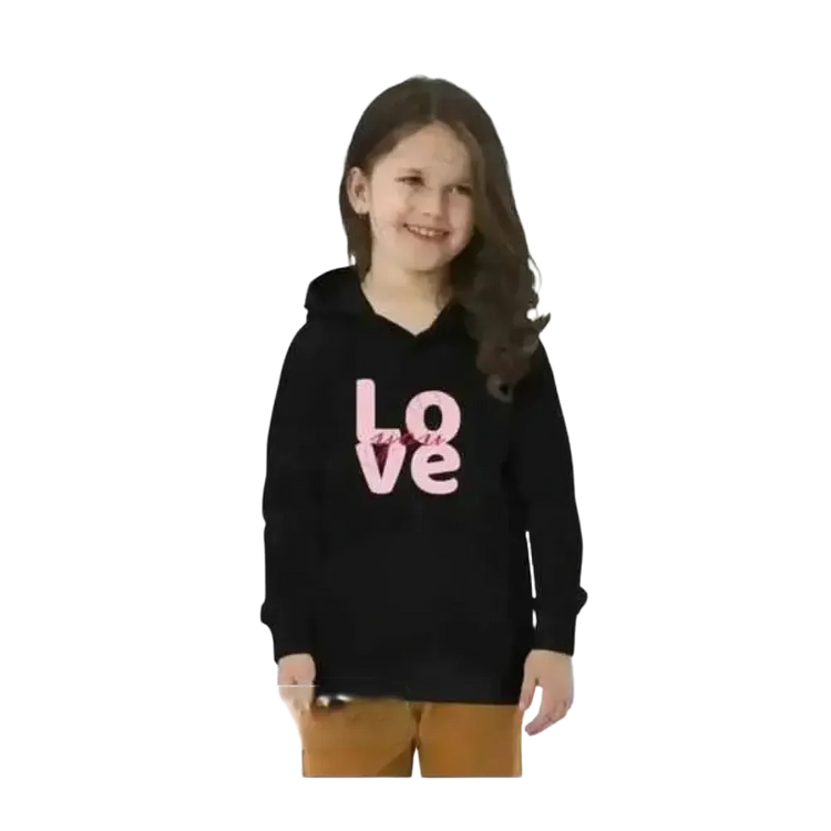 Schwarzer unisex Love Kapuzenpullover für Kinder von 4-12 Jahre, personalisierbar, aus Baumwolle, mit grafischem Design.