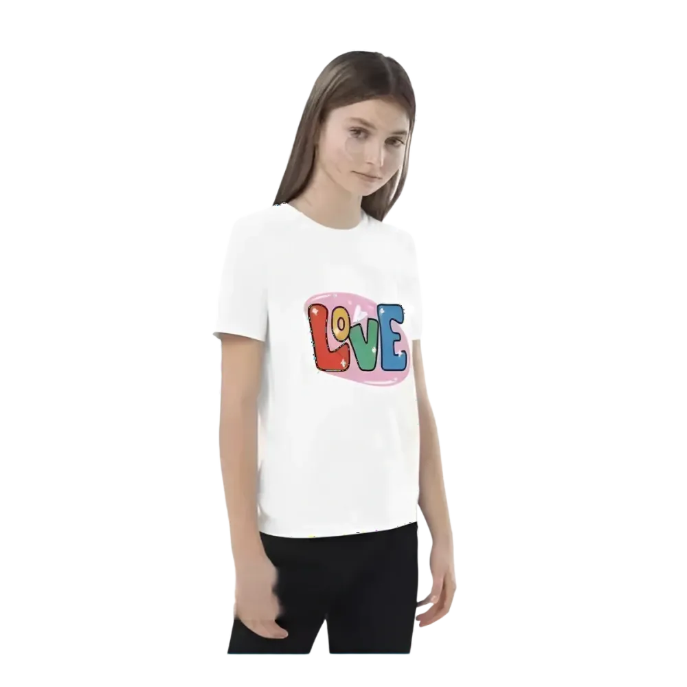 Grafik Unisex T-Shirt für Kinder von 3-14 Jahren, Kurzarm, bedruckbar, von BUYATHOME24, Mädchen trägt das bedruckte T-Shirt