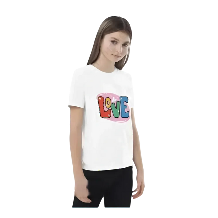 Grafik Unisex T-Shirt für Kinder von 3-14 Jahren, Kurzarm, bedruckbar, von BUYATHOME24, Mädchen trägt das bedruckte T-Shirt