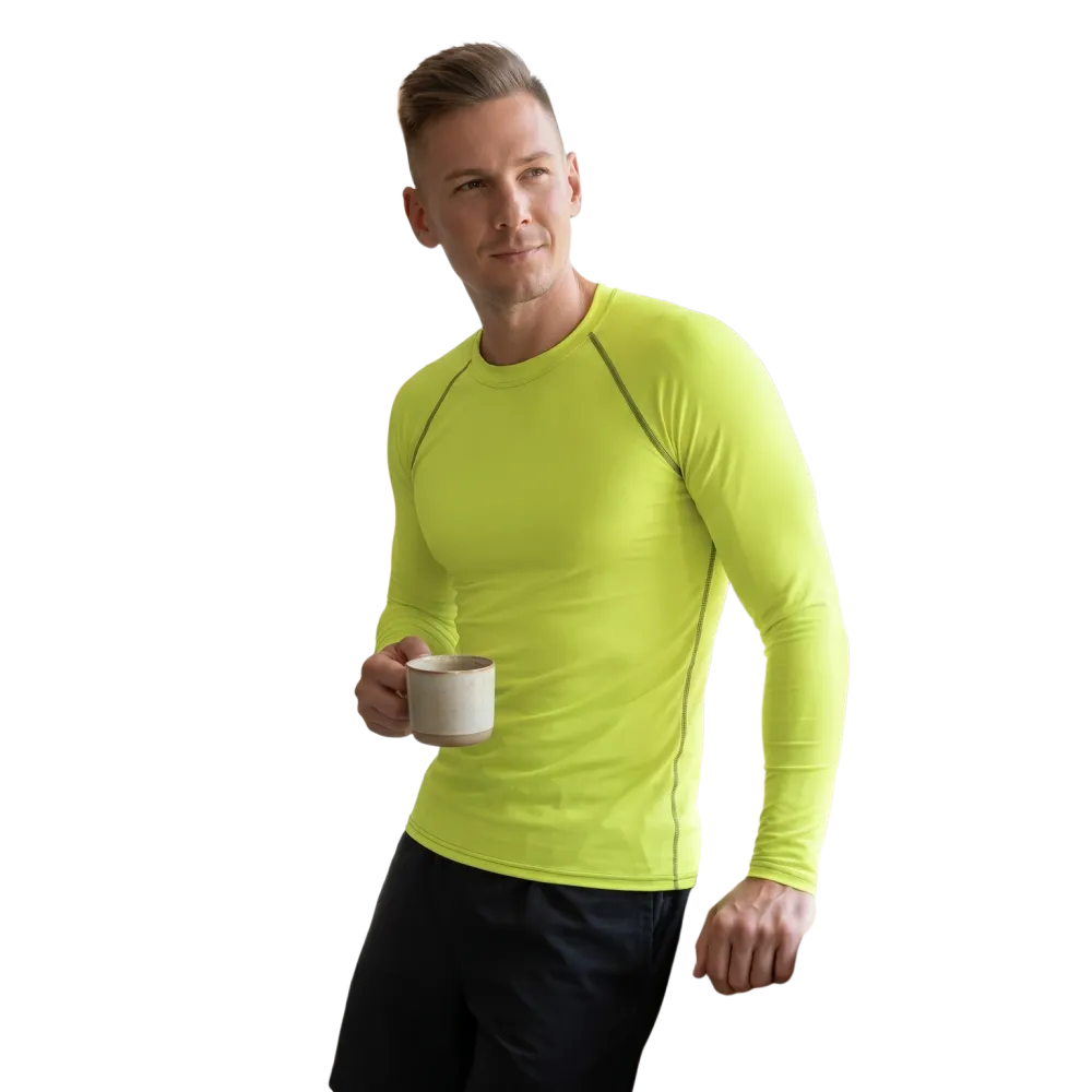 Neongelbes Herren-Langarm-Sportshirt aus Stretchstoff mit UV-Schutz, erhältlich in XS bis 3XL, von BUYATHOME24.